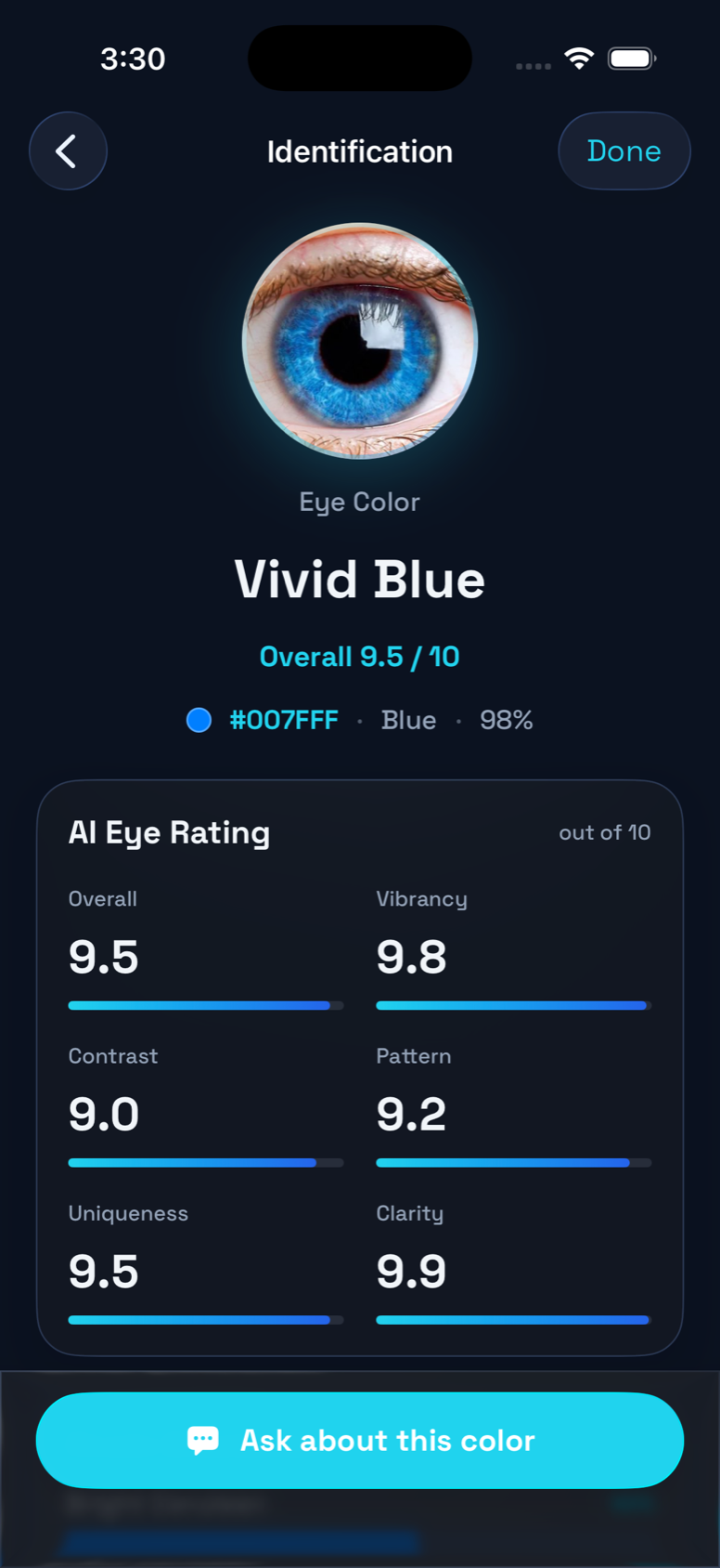 IrisIQ identification result in dark mode