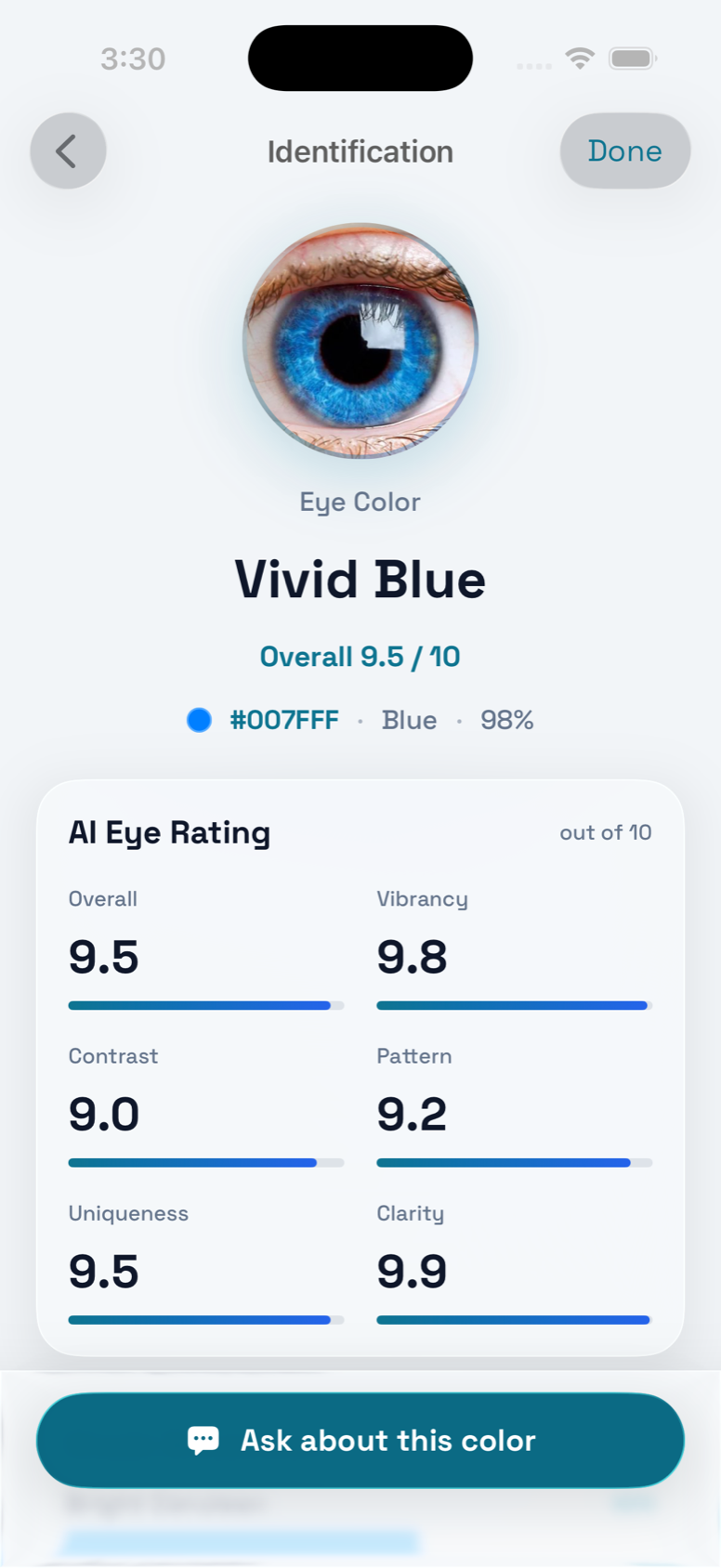 IrisIQ identification result with AI eye rating